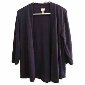 Chicos Women Size 2 L Open Front Cardigan Sweater Navy Blue Top 3/4 Sleeve